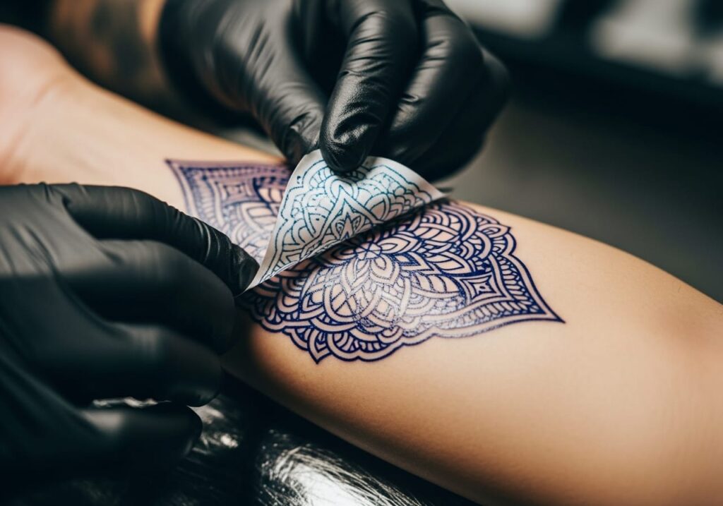 Tattoo artist peeling stencil paper off a clean forearm, showing the transferred design outline