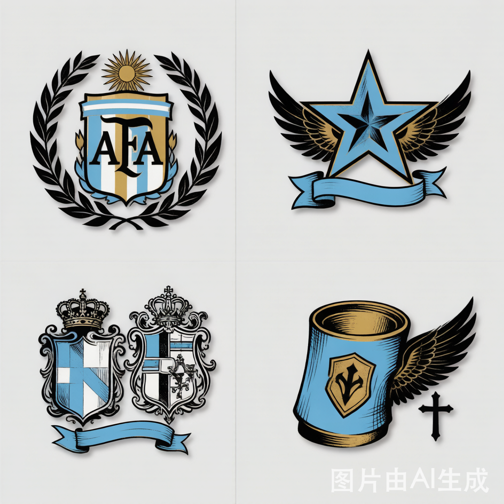 Argentina squad tattoo motifs — emblem, star, family crests, faith symbols in sky-blue and gold