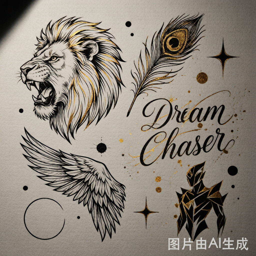 Memphis Depay tattoo mood board — lion, dream-chaser script, peacock feather, wings rendered as blackwork editorial art