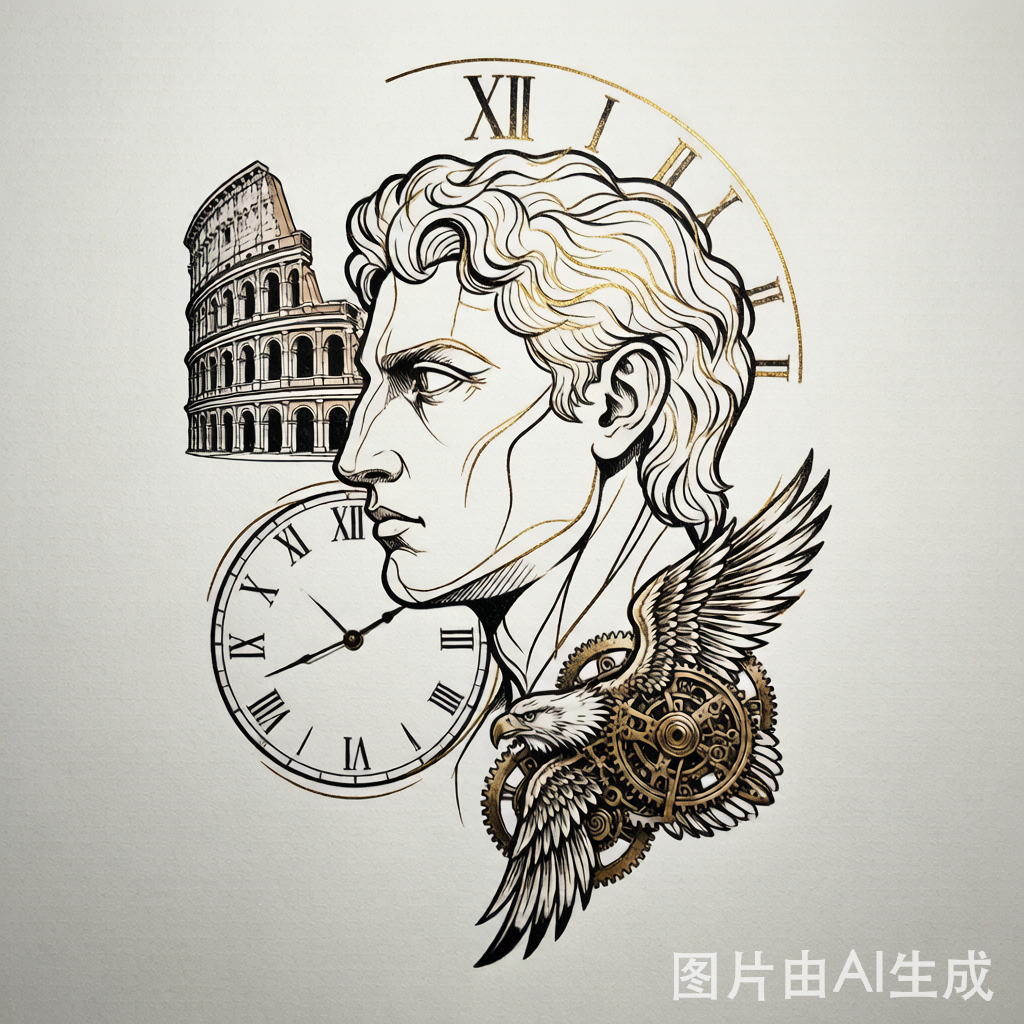 Lucas Hernández Roman-themed tattoo concept — Julius Caesar, Colosseum, eagle with clockwork rendered as neoclassical blackwork