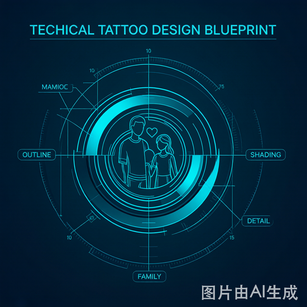 Technical breakdown of a circular family tribute tattoo: outline, shading, fine line, negative-space focal point