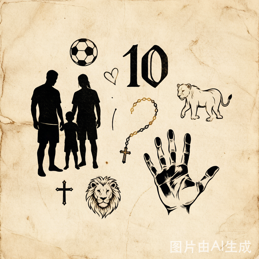 Editorial mood board of footballer tattoo themes: handprint, number 10, rosary, family silhouette, lion cub