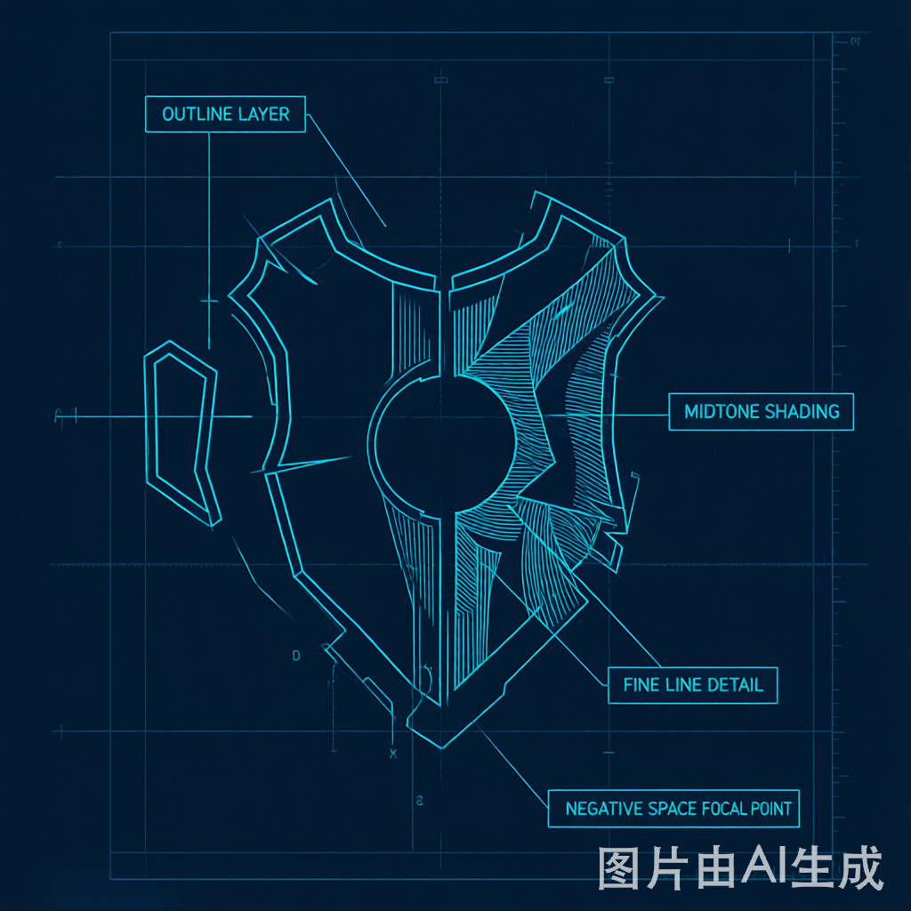 Technical design breakdown of a faith-and-family chest piece — exploded layers with callouts