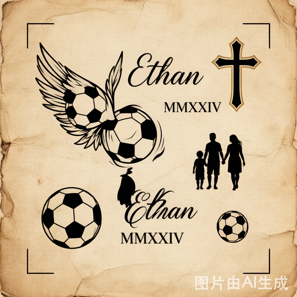 Neymar tattoo theme mood board — family, faith, and football motifs rendered as blackwork editorial art